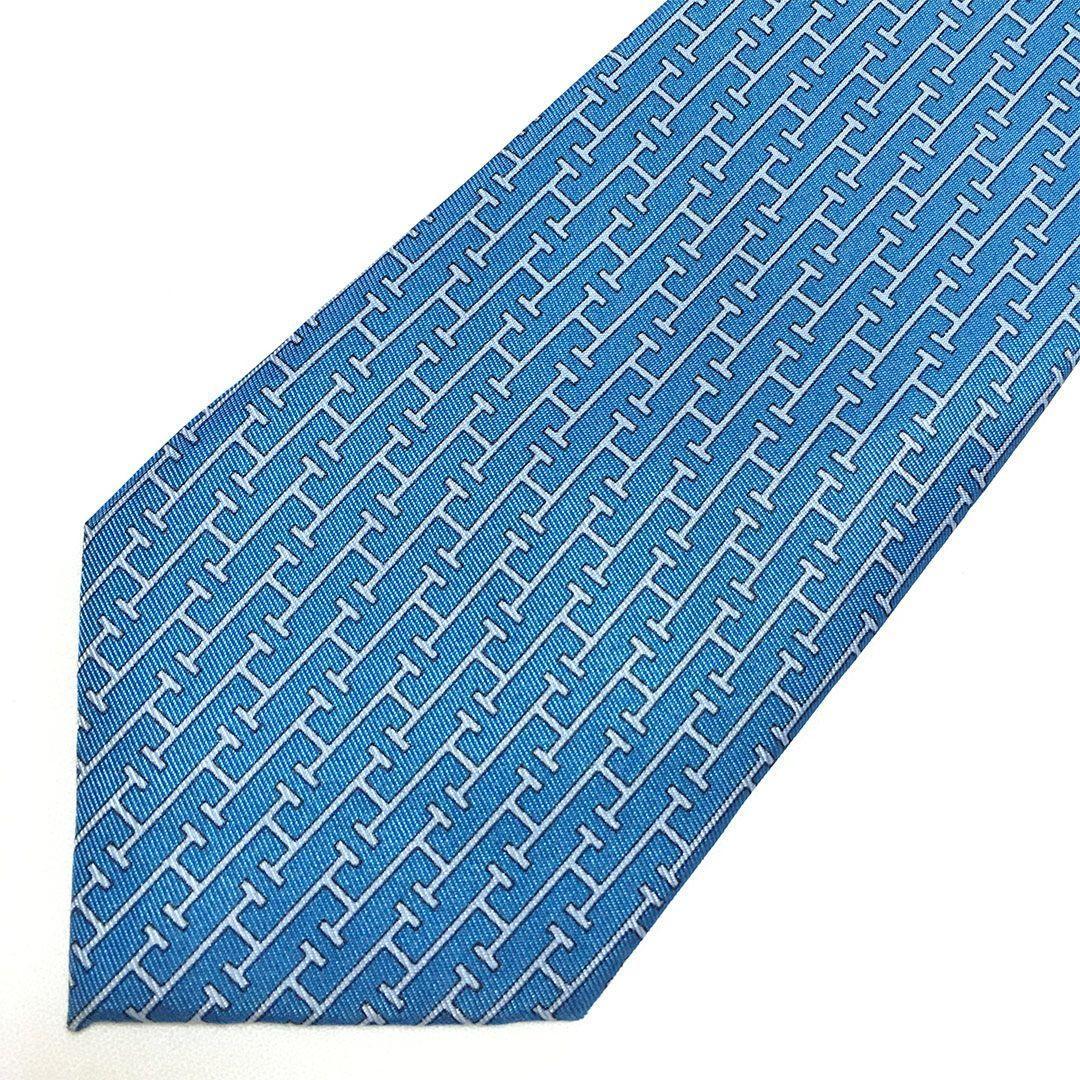 未使用級 エルメス HERMES ネクタイ ブルー H織りタイ ファソネH H柄