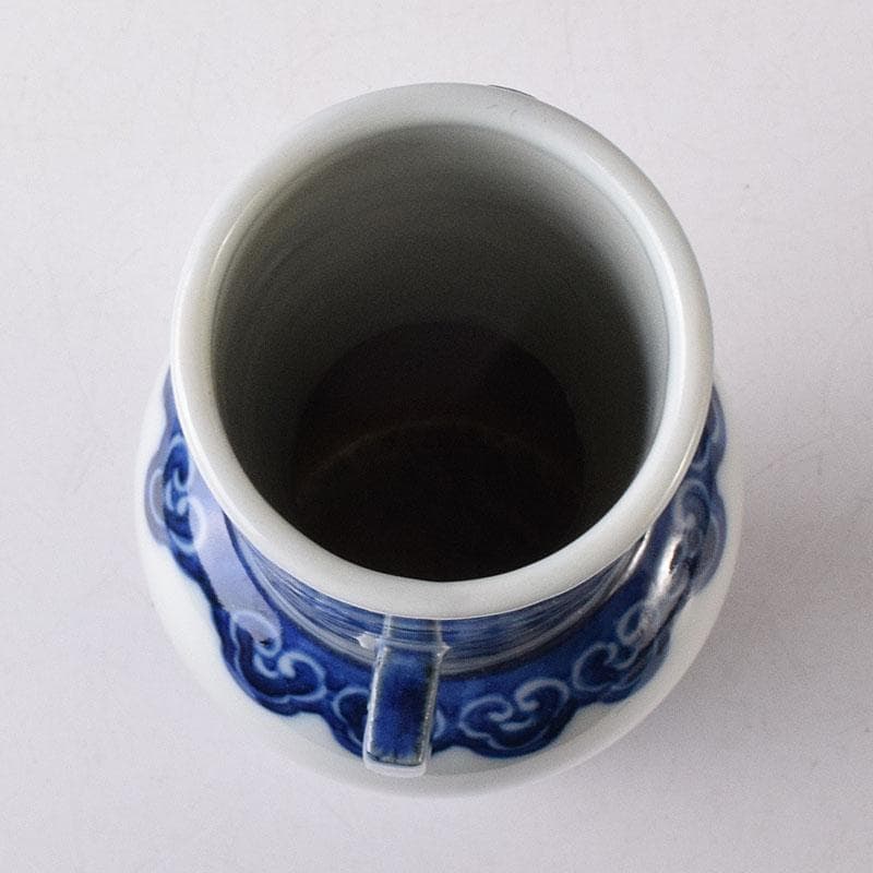 したん　中国　青花　花唐草山水文　双耳瓶　在銘　時代箱　V　R8594