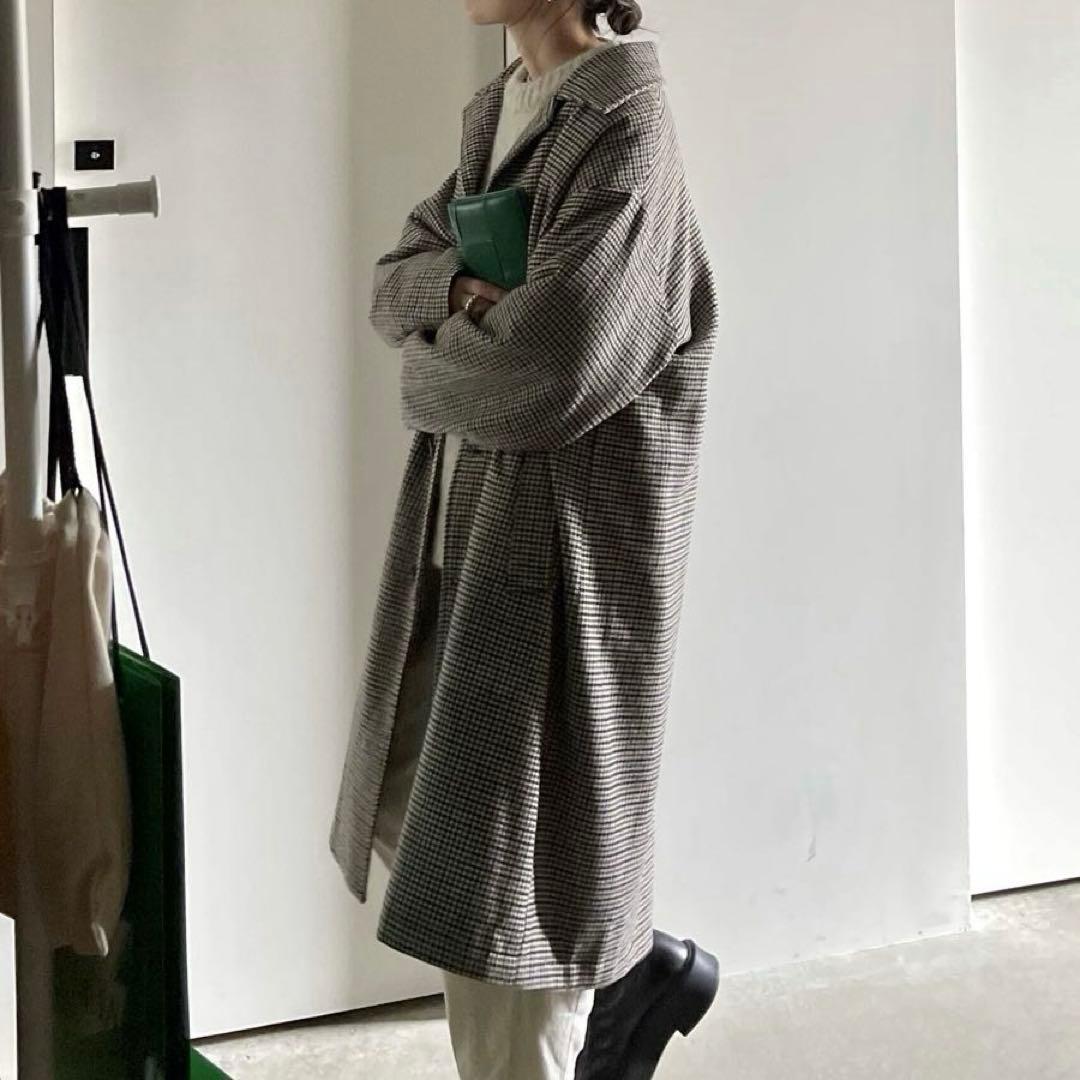 ファシル FASHIRU ウール混 ステンカラーコート 千鳥柄 ロングコート