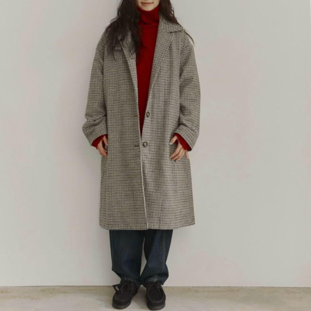 ファシル FASHIRU ウール混 ステンカラーコート 千鳥柄 ロングコート