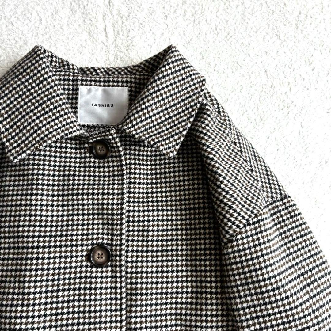 ファシル FASHIRU ウール混 ステンカラーコート 千鳥柄 ロングコート