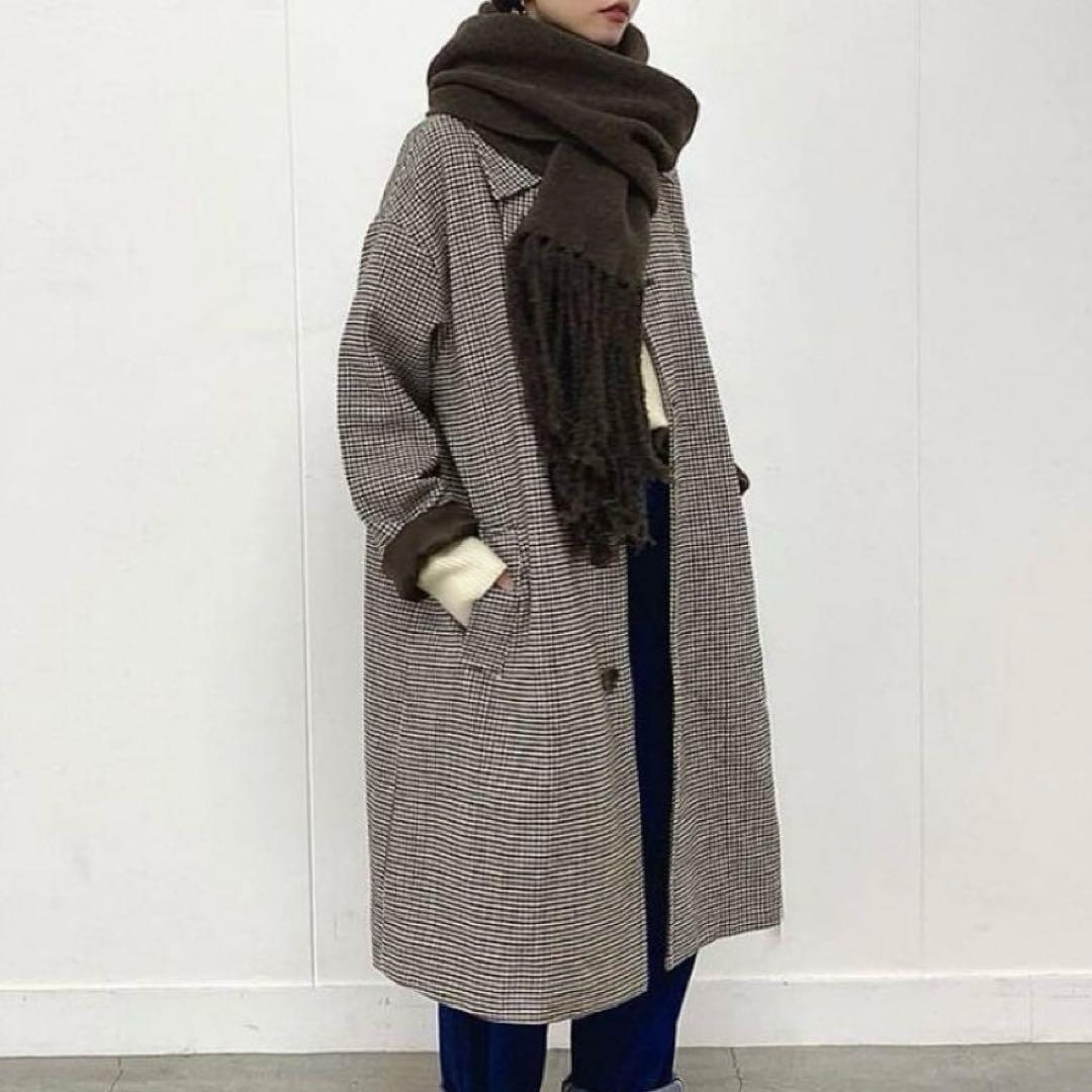 ファシル FASHIRU ウール混 ステンカラーコート 千鳥柄 ロングコート