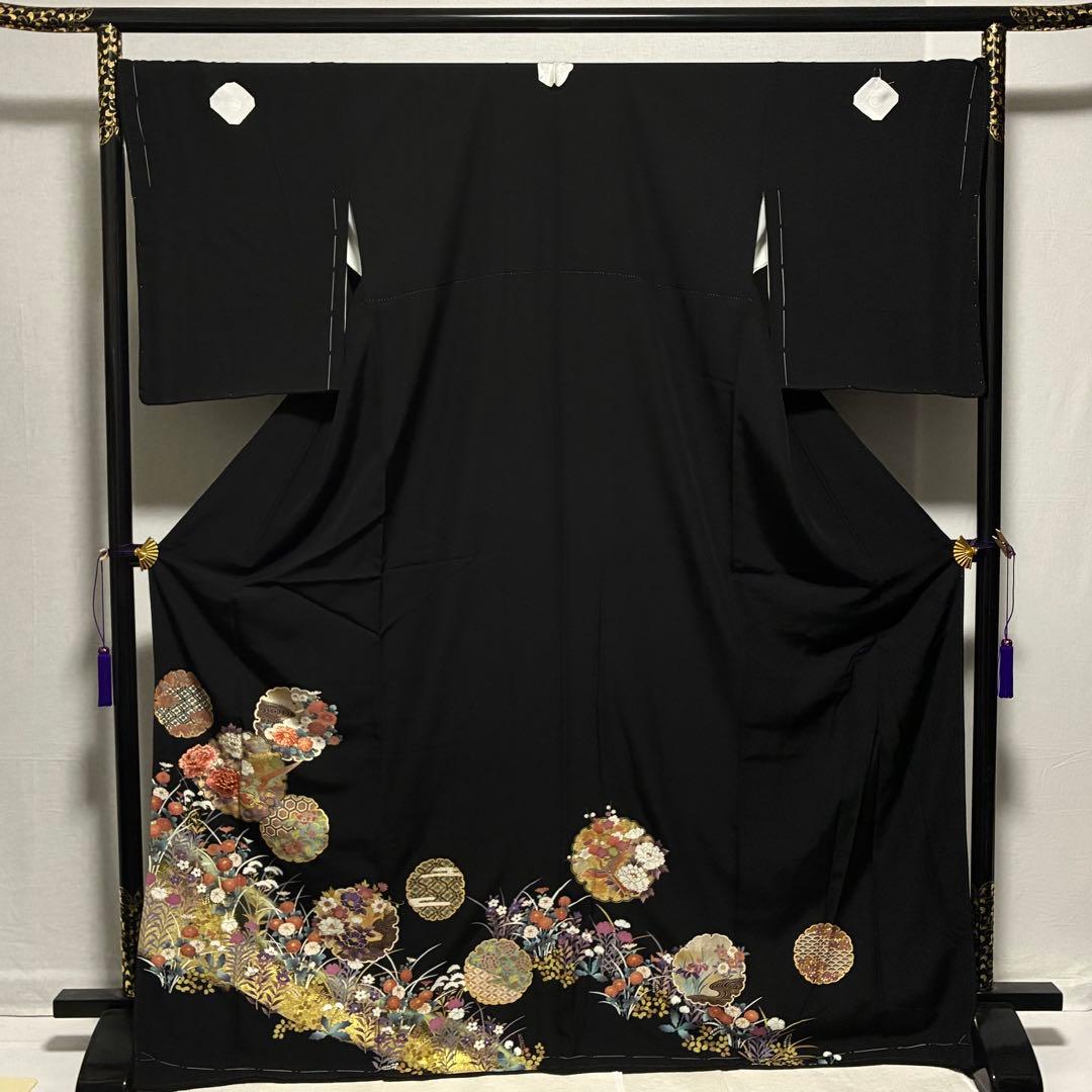 D4 黒留袖 ますいわや 雪輪 花刺繍 金彩 正絹着物 袷 しつけ糸未使用極美品