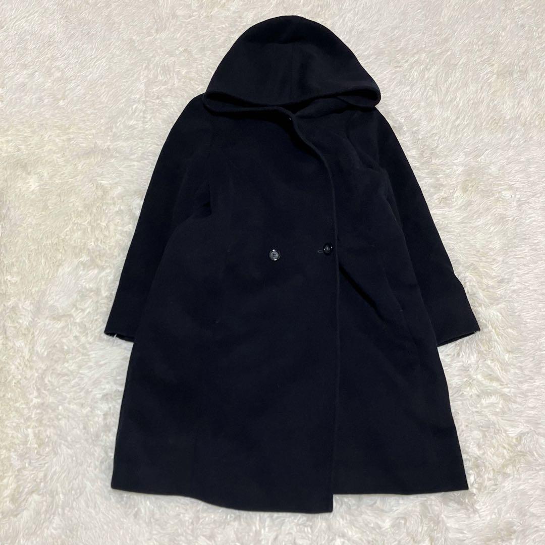 美品 23区 大きいサイズ 44 フーデットコート ウール アンゴラ ネイビー