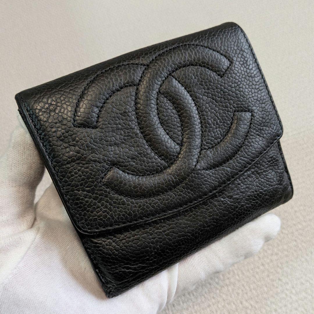 シャネル　デカココ　Wホック折り財布　黒　キャビアスキン　チェーン　ウォレット
