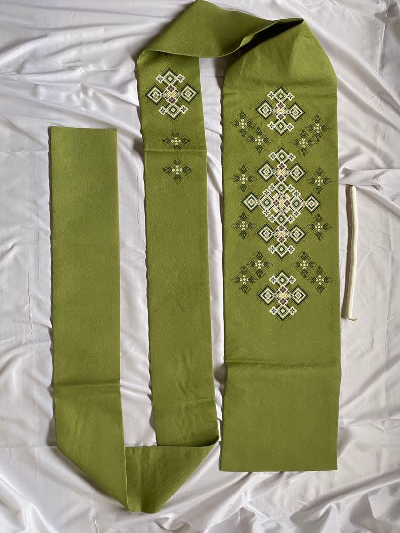 緑色 刺繍入り 名古屋帯　鈴田滋人氏