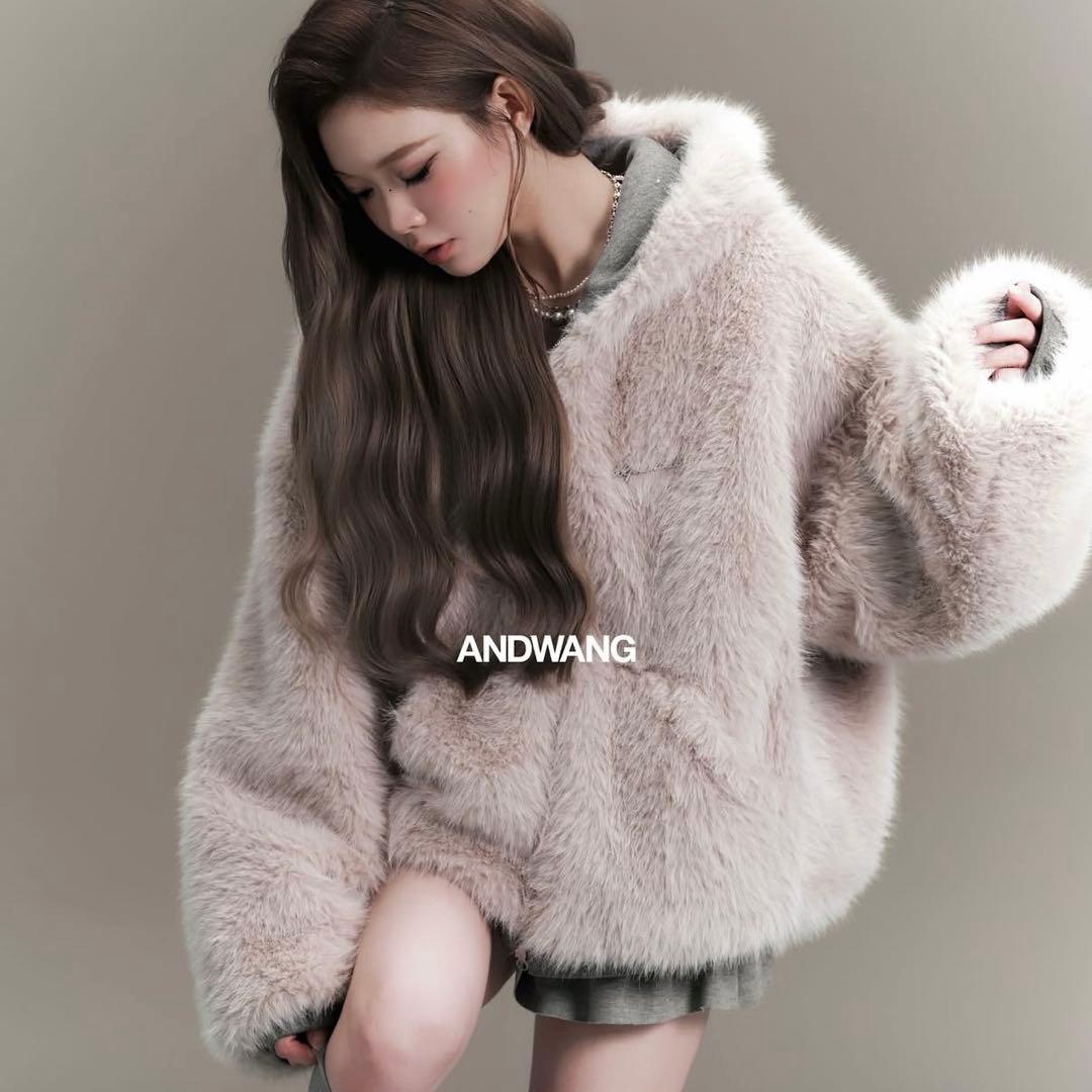andwang Kirakira 2way fur zip up グレー