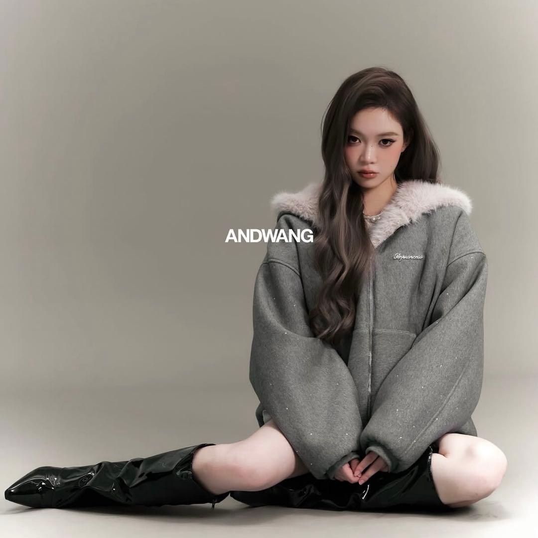 andwang Kirakira 2way fur zip up グレー