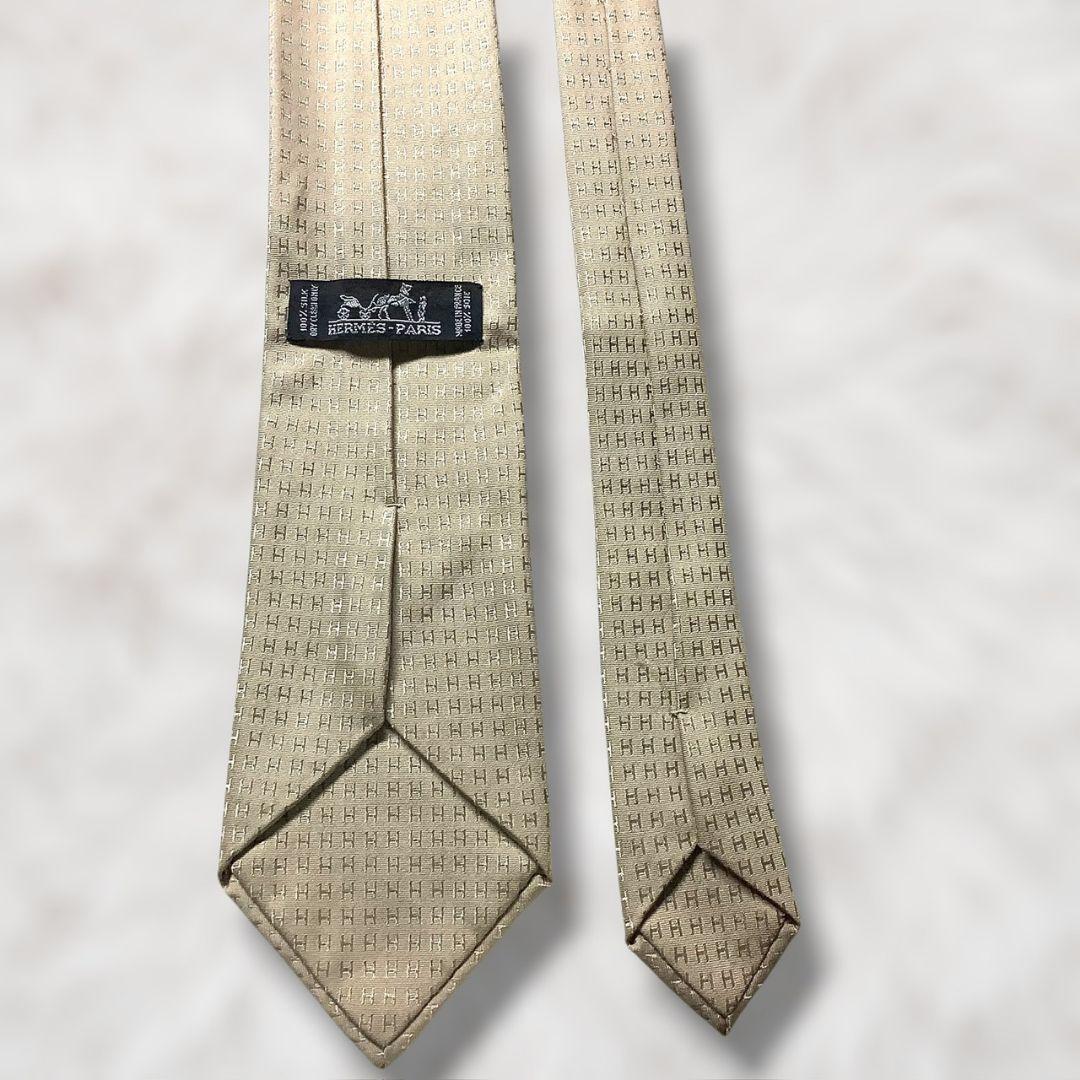 【美品✨】エルメス 総柄 H柄 ファソネ ベージュ 光沢 メンズ ネクタイ
