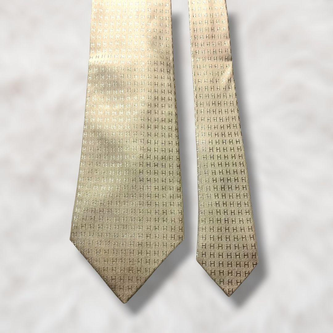 【美品✨】エルメス 総柄 H柄 ファソネ ベージュ 光沢 メンズ ネクタイ