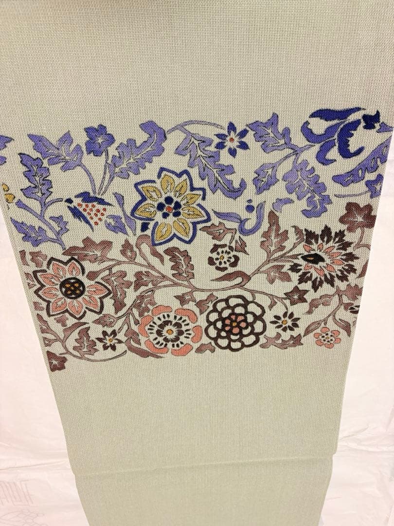 名古屋帯 開き仕立 花柄 薄いグリーン系