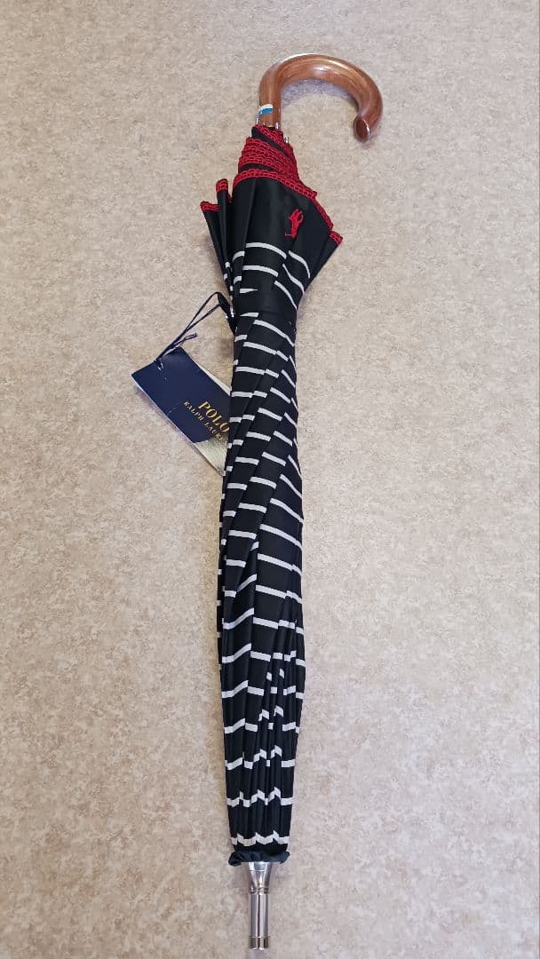 新品未使用★ラルフローレン 日傘 晴雨兼用 黒ボーダー　刺繍ポニー