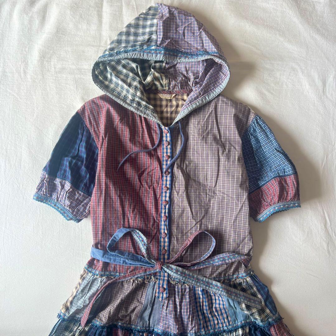 【高級】PINK HOUSE ワンピース フーディ チェック ブルー デザイン◎
