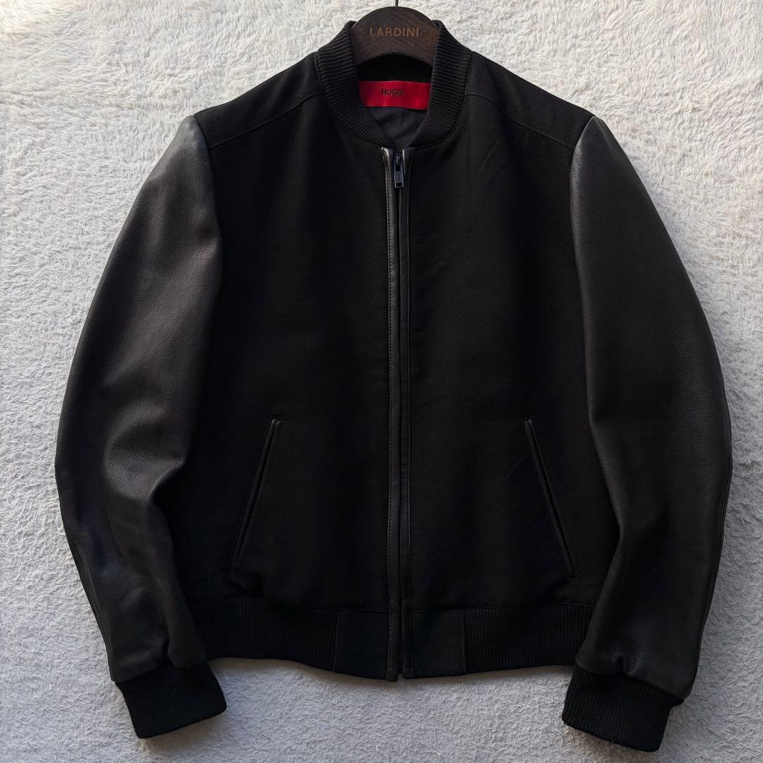 美品✨ヒューゴボス スタジャン 袖ラムレザー ウール 異素材 ブラック S 現行