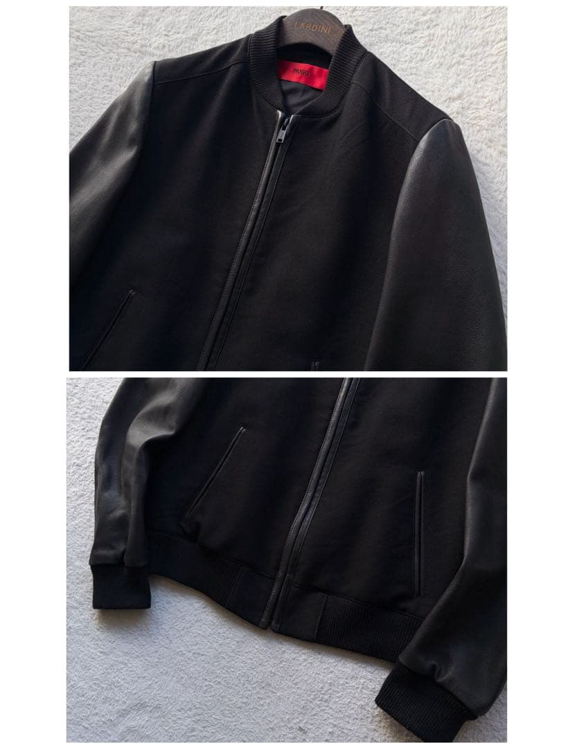 美品✨ヒューゴボス スタジャン 袖ラムレザー ウール 異素材 ブラック S 現行