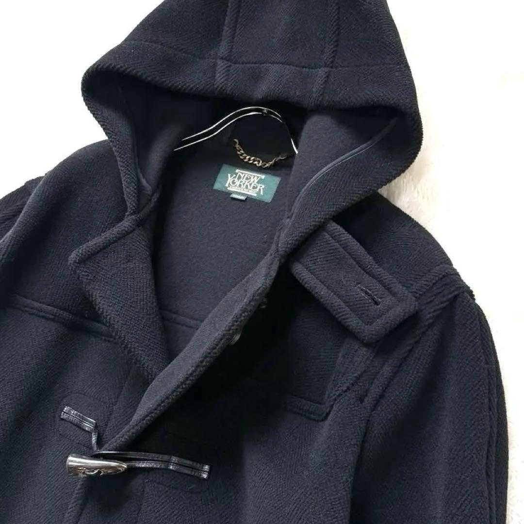 美品★ニューヨーカー ダッフルコート メンズ ヘリンボーン フード ロング丈 黒