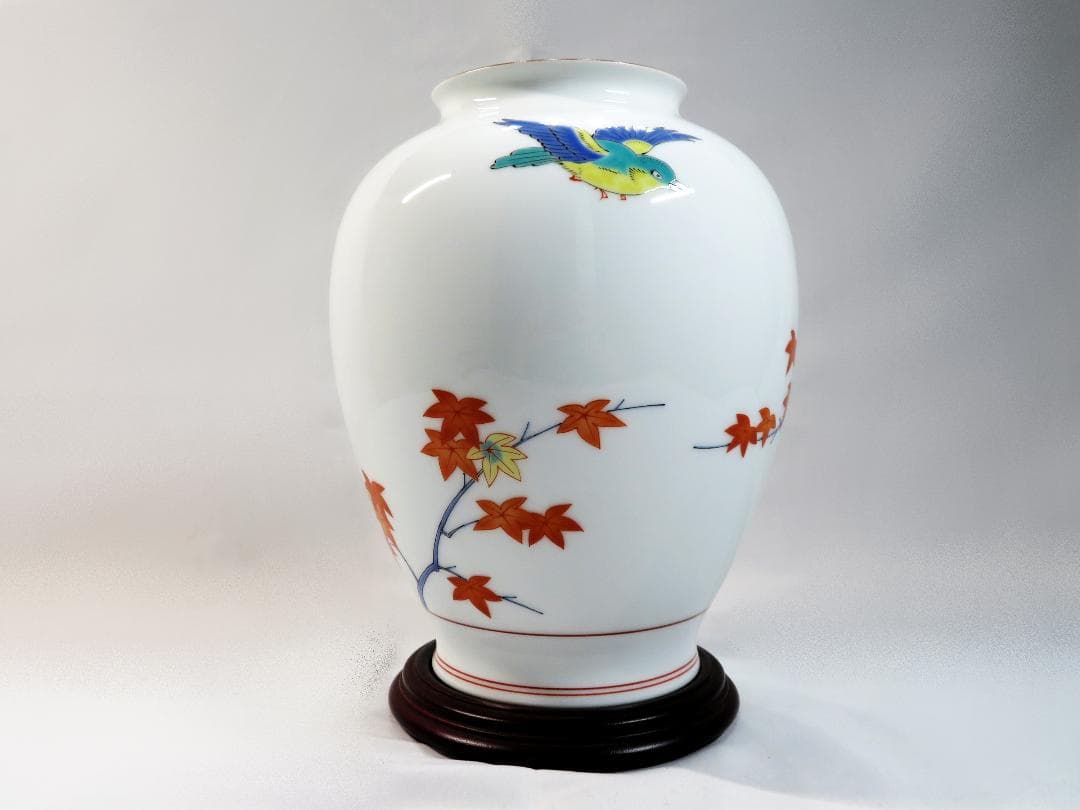 美品 ☆ 十三代酒井田柿右衛門作 花鳥図「秋」の壺 昭和 ヴィンテージ