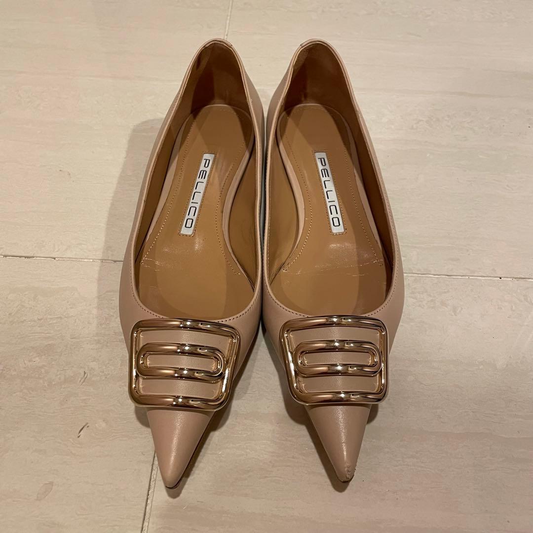 PELLICO ベージュ ポインテッドトゥ フラットシューズ　バックル