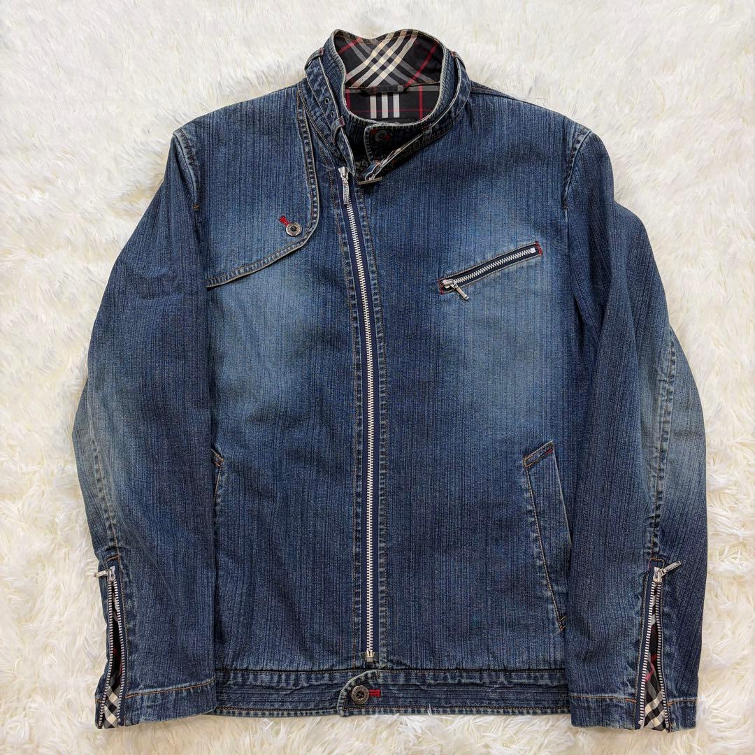 バーバリーブラックレーベル デニム ライダースジャケット 裏地ノバチェック M