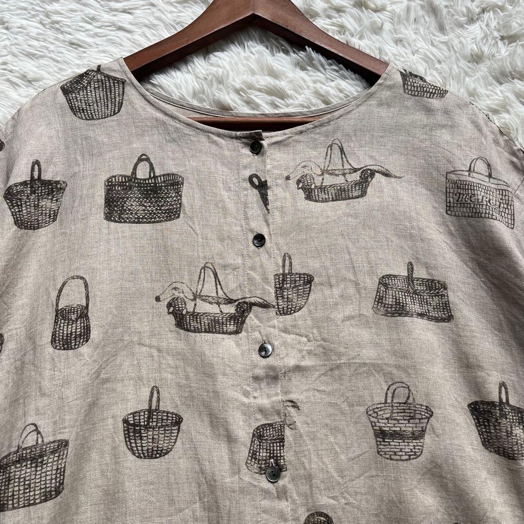 【美品】ビアズリー ロングワンピース リネン 総柄 フレア ナチュラル