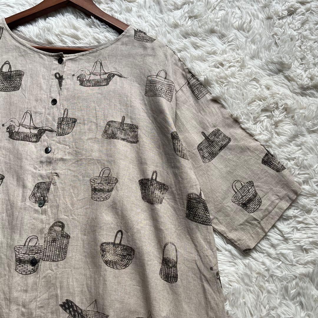 【美品】ビアズリー ロングワンピース リネン 総柄 フレア ナチュラル