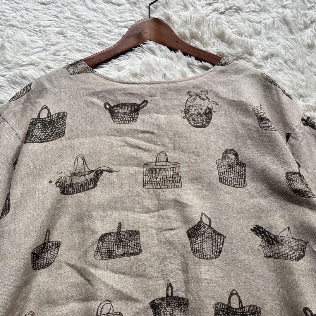 【美品】ビアズリー ロングワンピース リネン 総柄 フレア ナチュラル