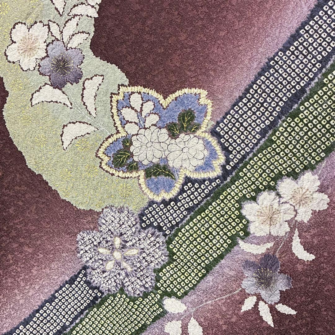 D133 訪問着 桜 鹿の子柄 紫 正絹 着物 袷 極美品