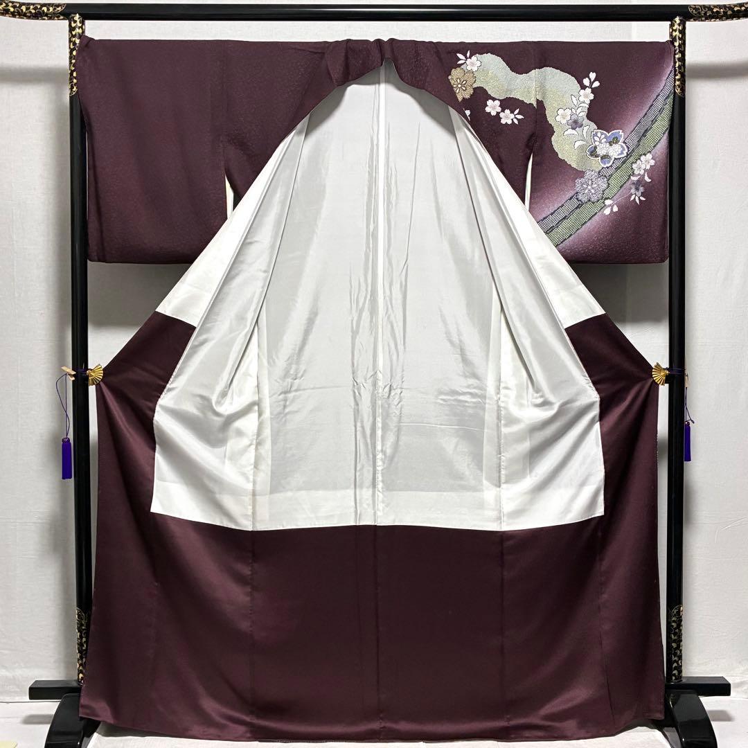 D133 訪問着 桜 鹿の子柄 紫 正絹 着物 袷 極美品