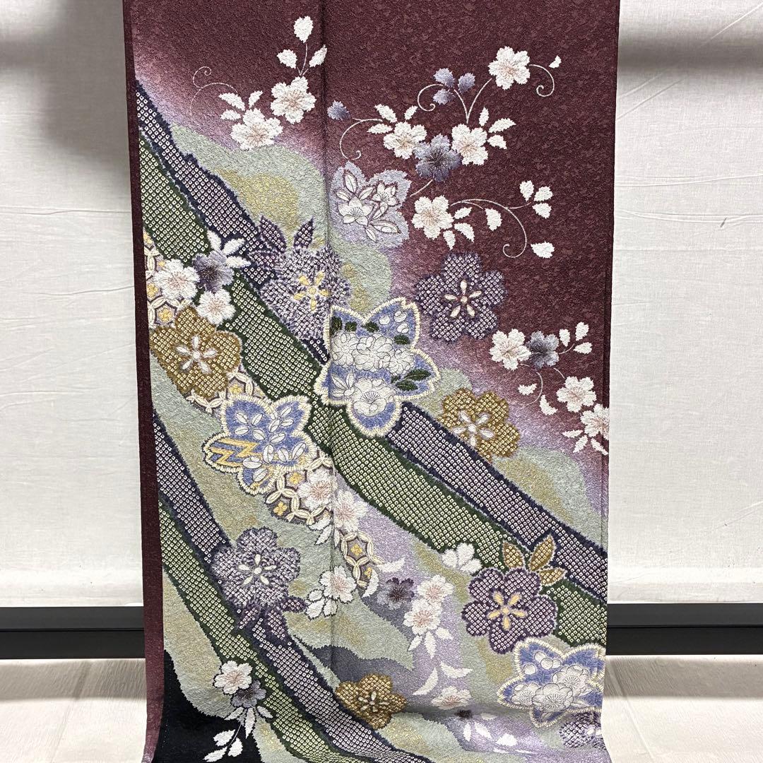 D133 訪問着 桜 鹿の子柄 紫 正絹 着物 袷 極美品