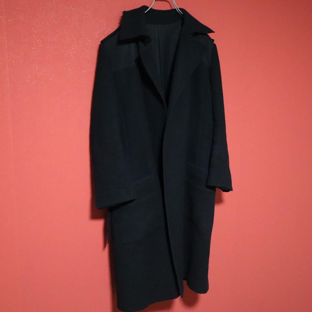 【モード】Y's ヨウジヤマモト ナイロン切替 ベルト ほつれ加工 ロングコート