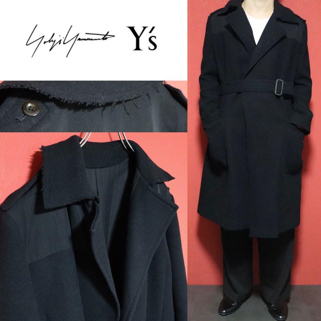 【モード】Y's ヨウジヤマモト ナイロン切替 ベルト ほつれ加工 ロングコート