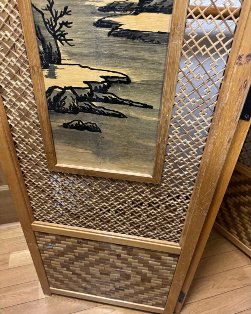 昭和レトロ 木竹製格子型屏風 日本画 春夏秋冬草花 4枚 パーテーション 衝立