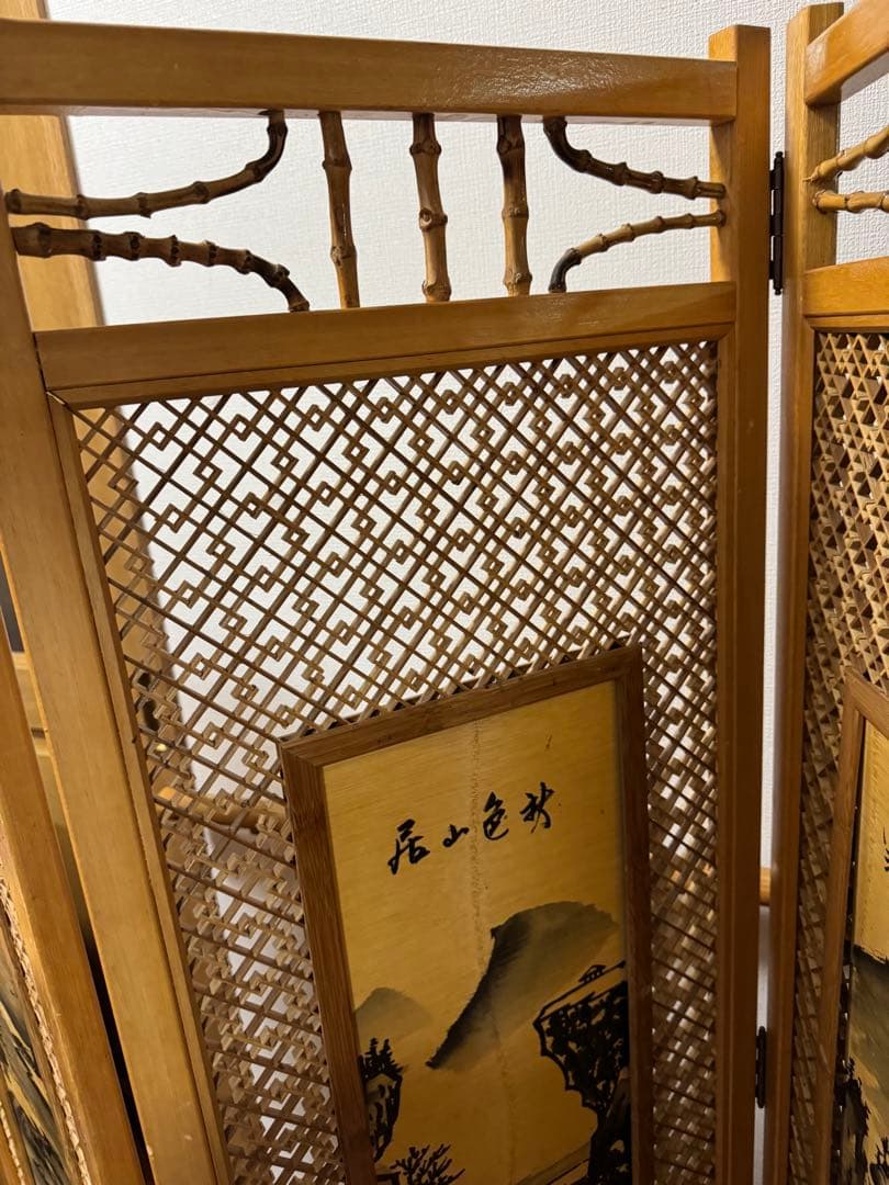 昭和レトロ 木竹製格子型屏風 日本画 春夏秋冬草花 4枚 パーテーション 衝立