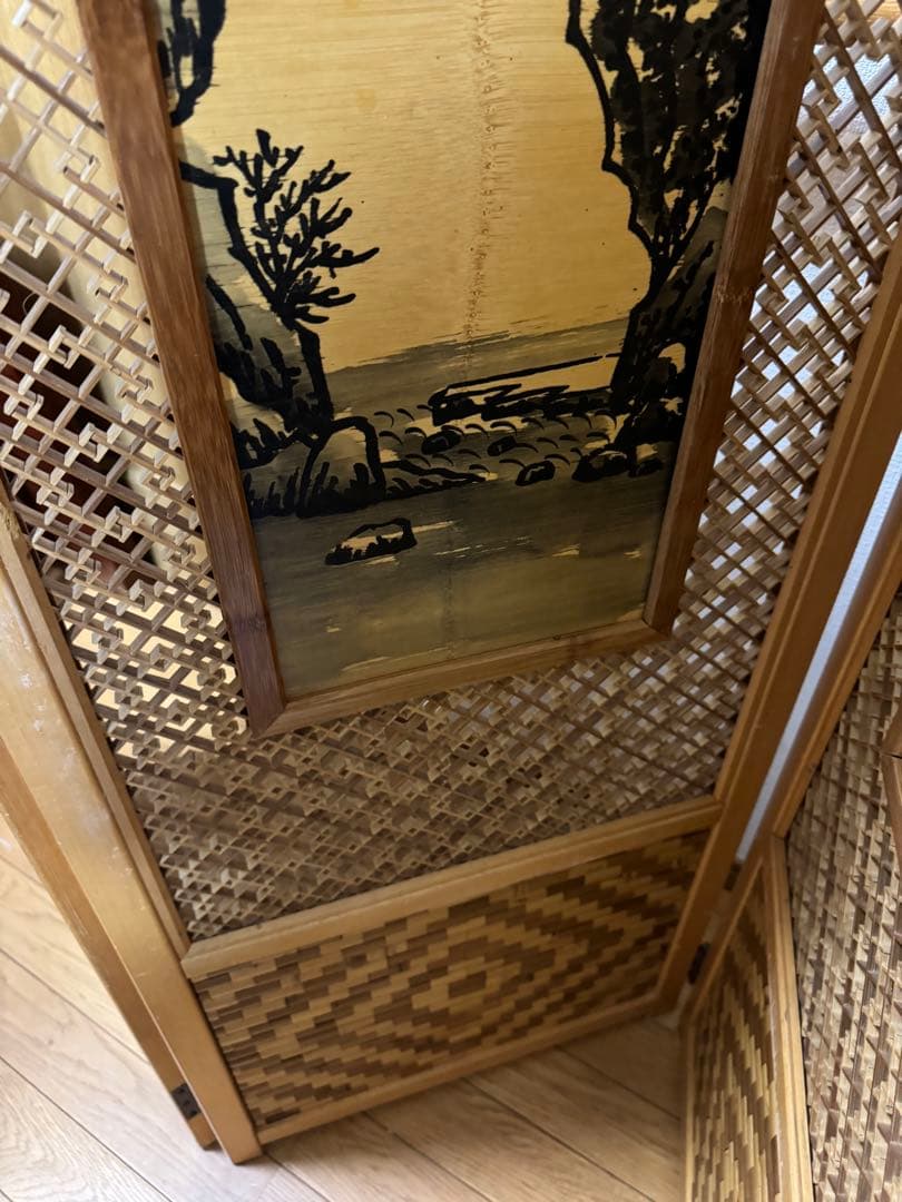 昭和レトロ 木竹製格子型屏風 日本画 春夏秋冬草花 4枚 パーテーション 衝立