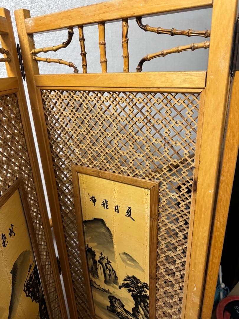 昭和レトロ 木竹製格子型屏風 日本画 春夏秋冬草花 4枚 パーテーション 衝立