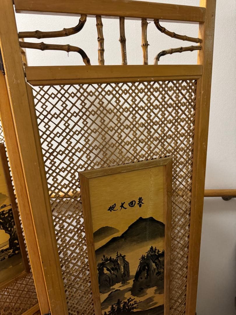昭和レトロ 木竹製格子型屏風 日本画 春夏秋冬草花 4枚 パーテーション 衝立