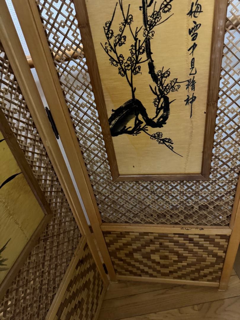 昭和レトロ 木竹製格子型屏風 日本画 春夏秋冬草花 4枚 パーテーション 衝立