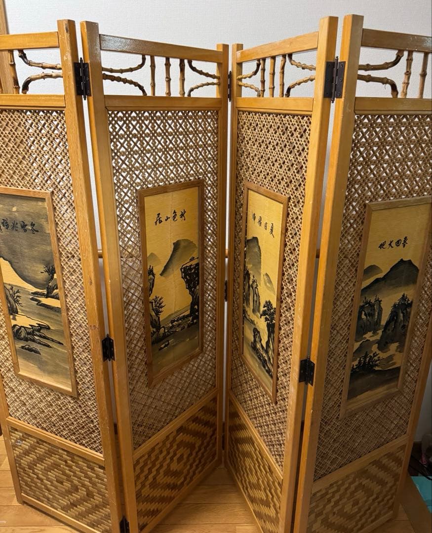 昭和レトロ 木竹製格子型屏風 日本画 春夏秋冬草花 4枚 パーテーション 衝立