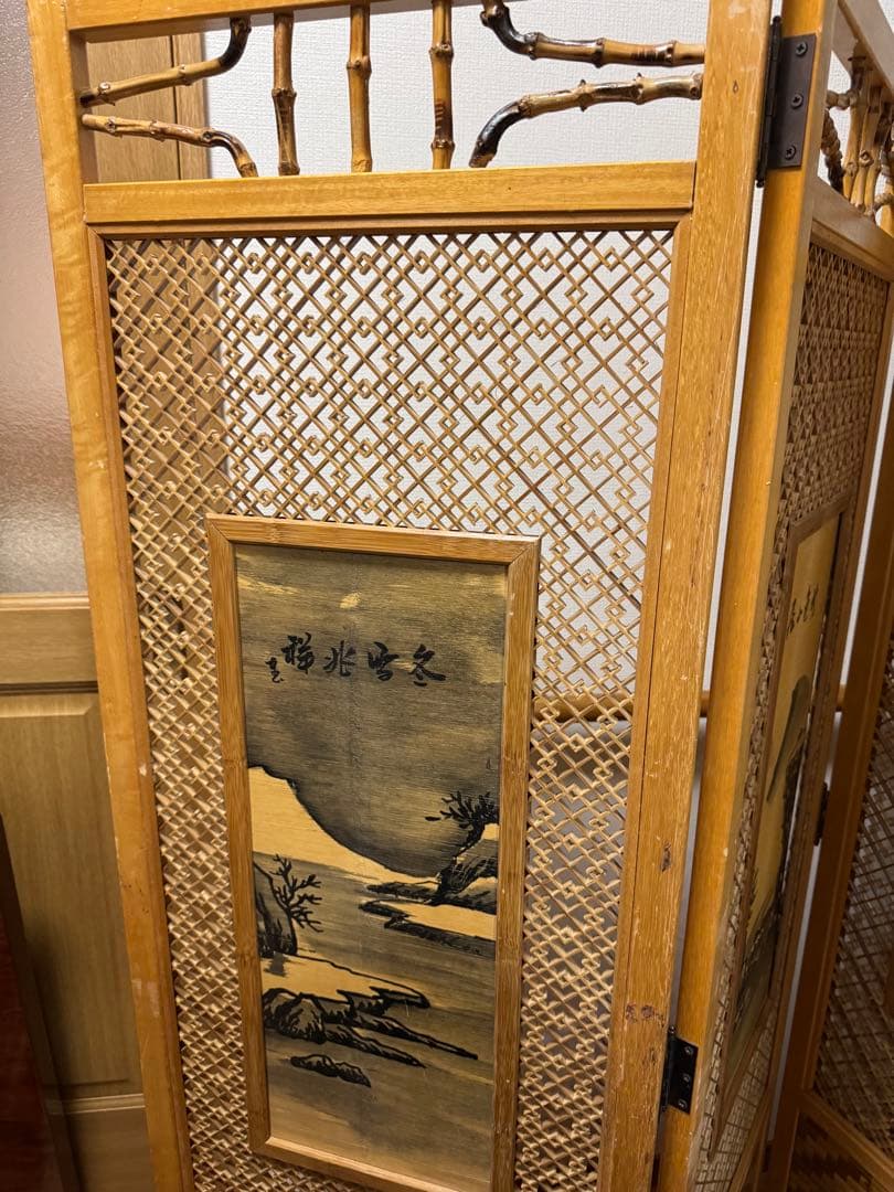 昭和レトロ 木竹製格子型屏風 日本画 春夏秋冬草花 4枚 パーテーション 衝立