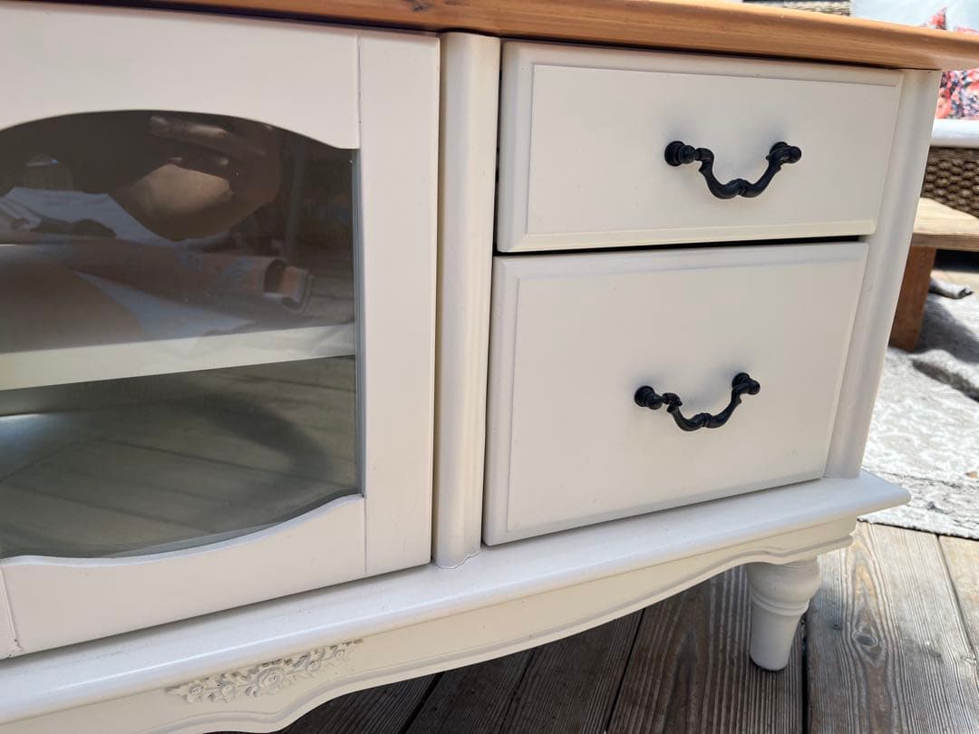 カントリー家具ホワイト木製テレビ台 ガラス扉付き