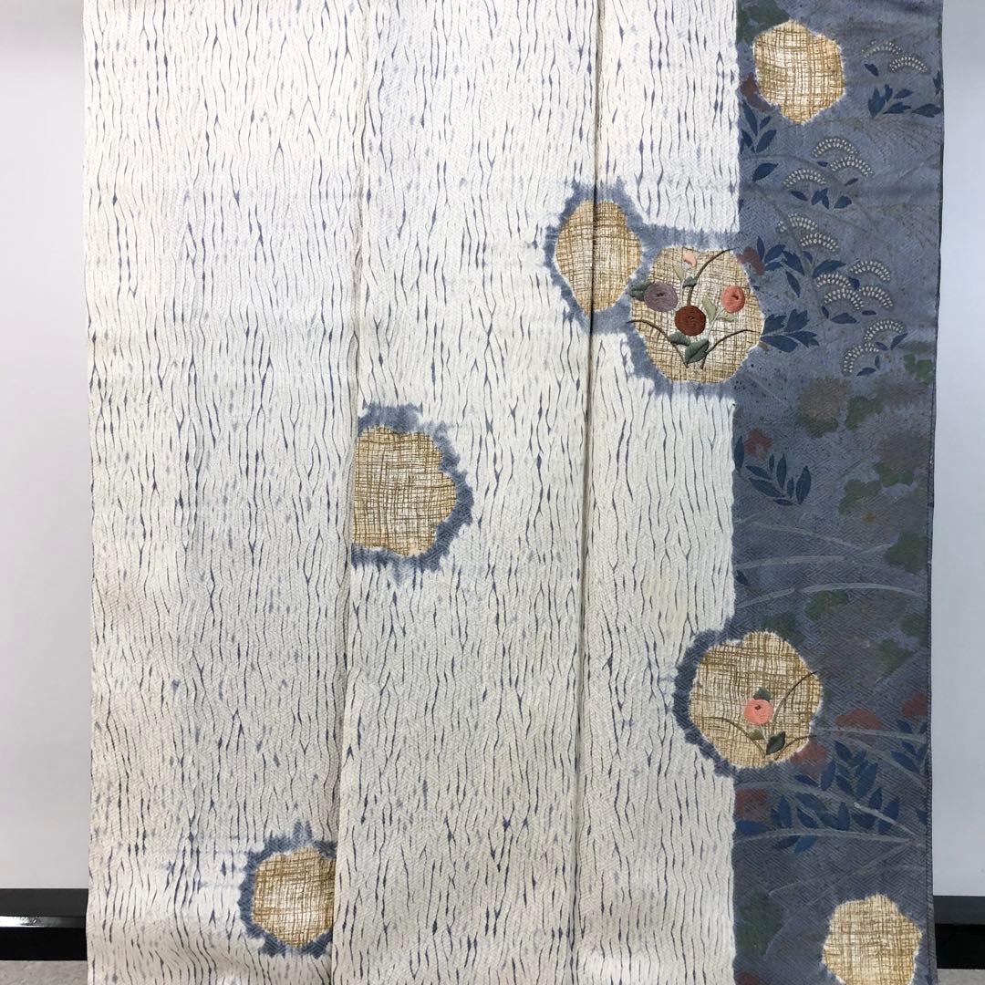 付下げ 絞り 刺繍の花模様 金彩 金糸 白百合色 KK-2101