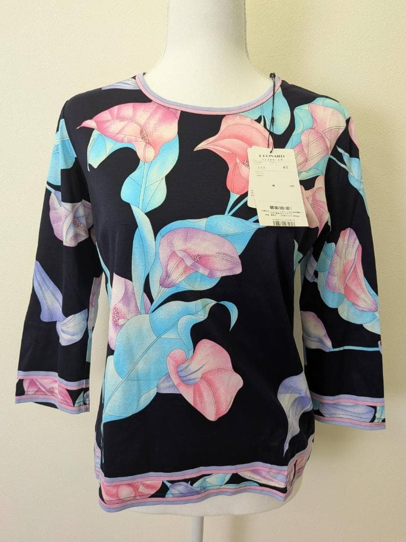 【未使用】LEONARD レオナール 紺 花柄 カットソー 40 綿 100％