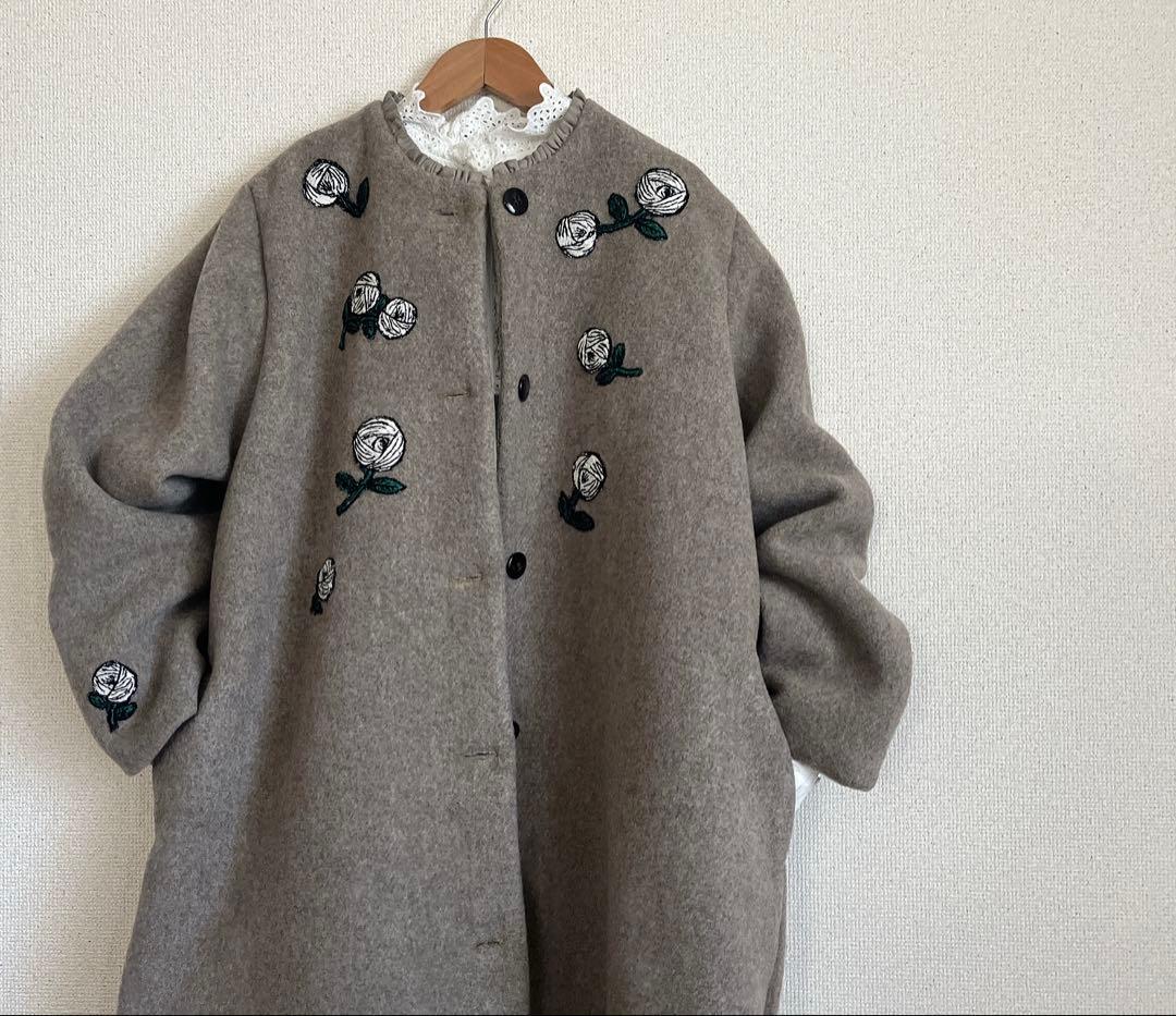 ミナペルホネン　rosy モカ　ウール　ロングコート　総裏　ハンドメイド
