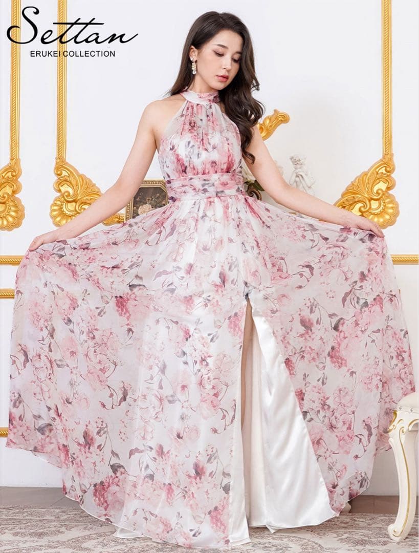 SALE❣️銀座クチュール　ピンク×ホワイト・花柄スリットロングドレス