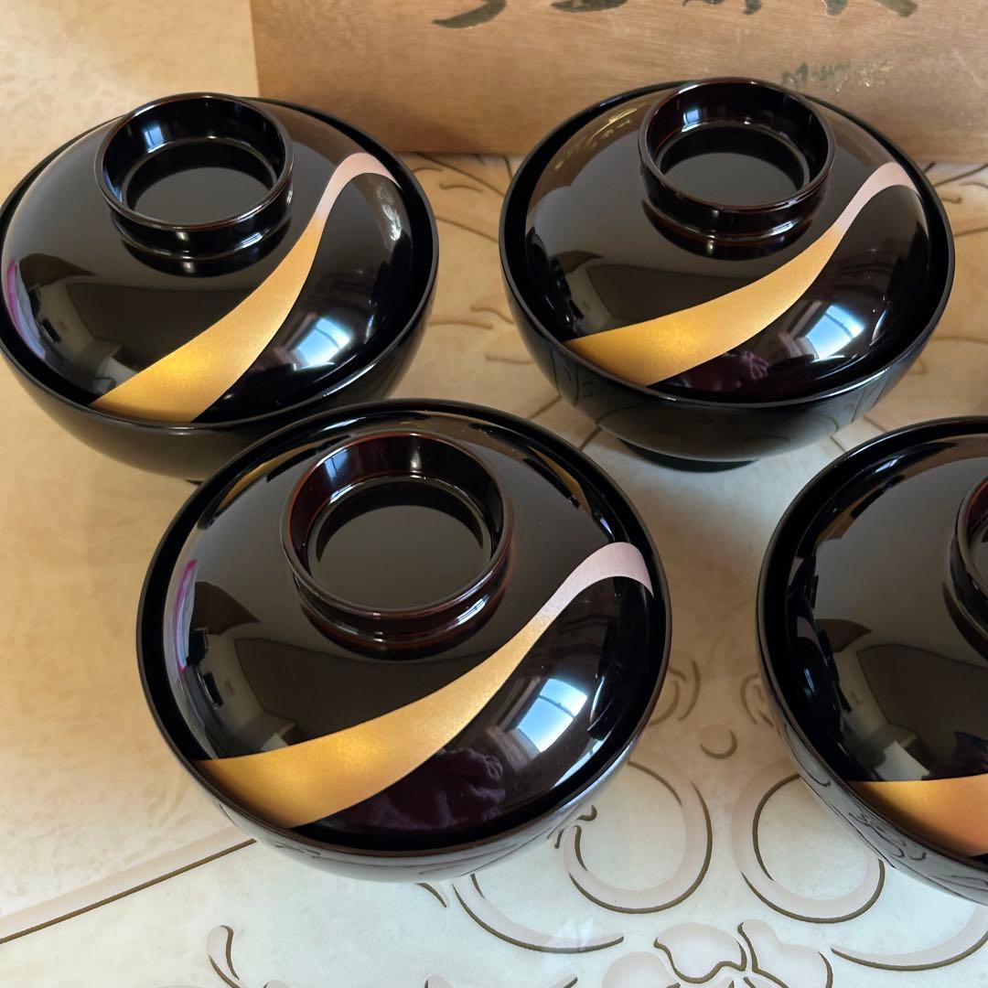 会津塗　乙造作　蓋付き御吸物椀揃　5客セット　金彩　汁椀　お吸物椀　雑煮椀　お椀