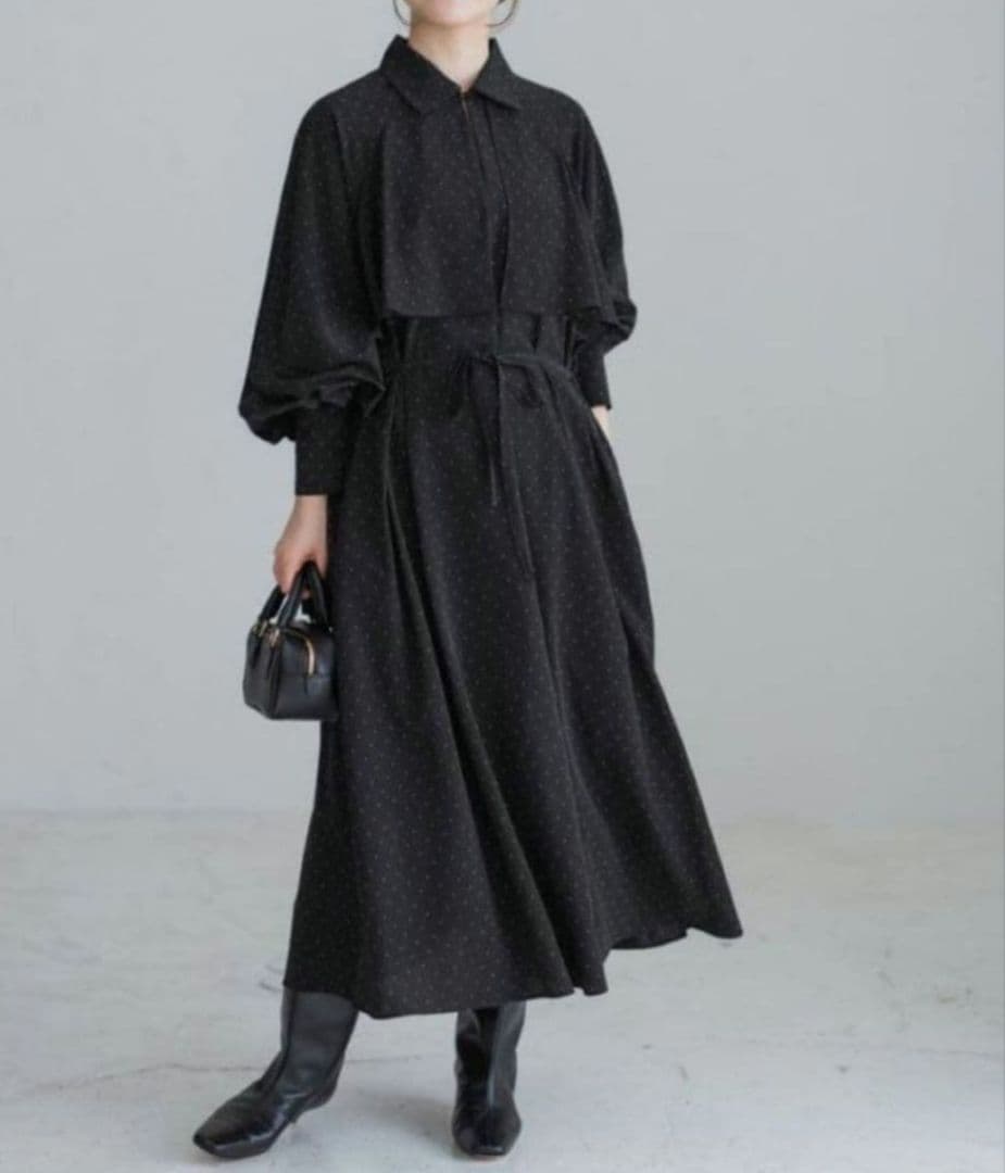 美品　IENA　ドットサッシュワンピース　ベルト付き　黒