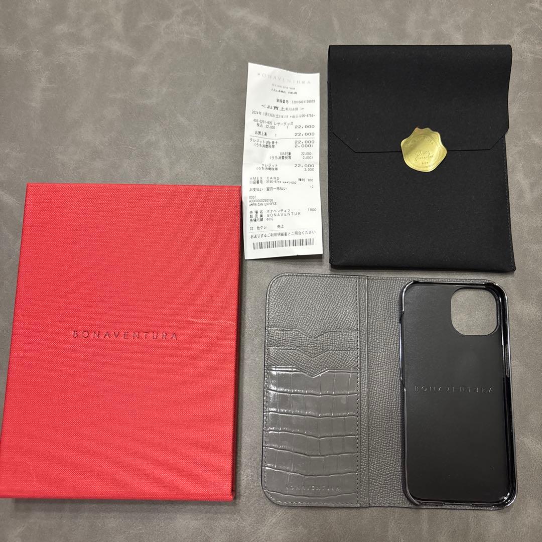 美品 ボナベンチュラiphone15 エンボスクロコ レザー 手帳ケース