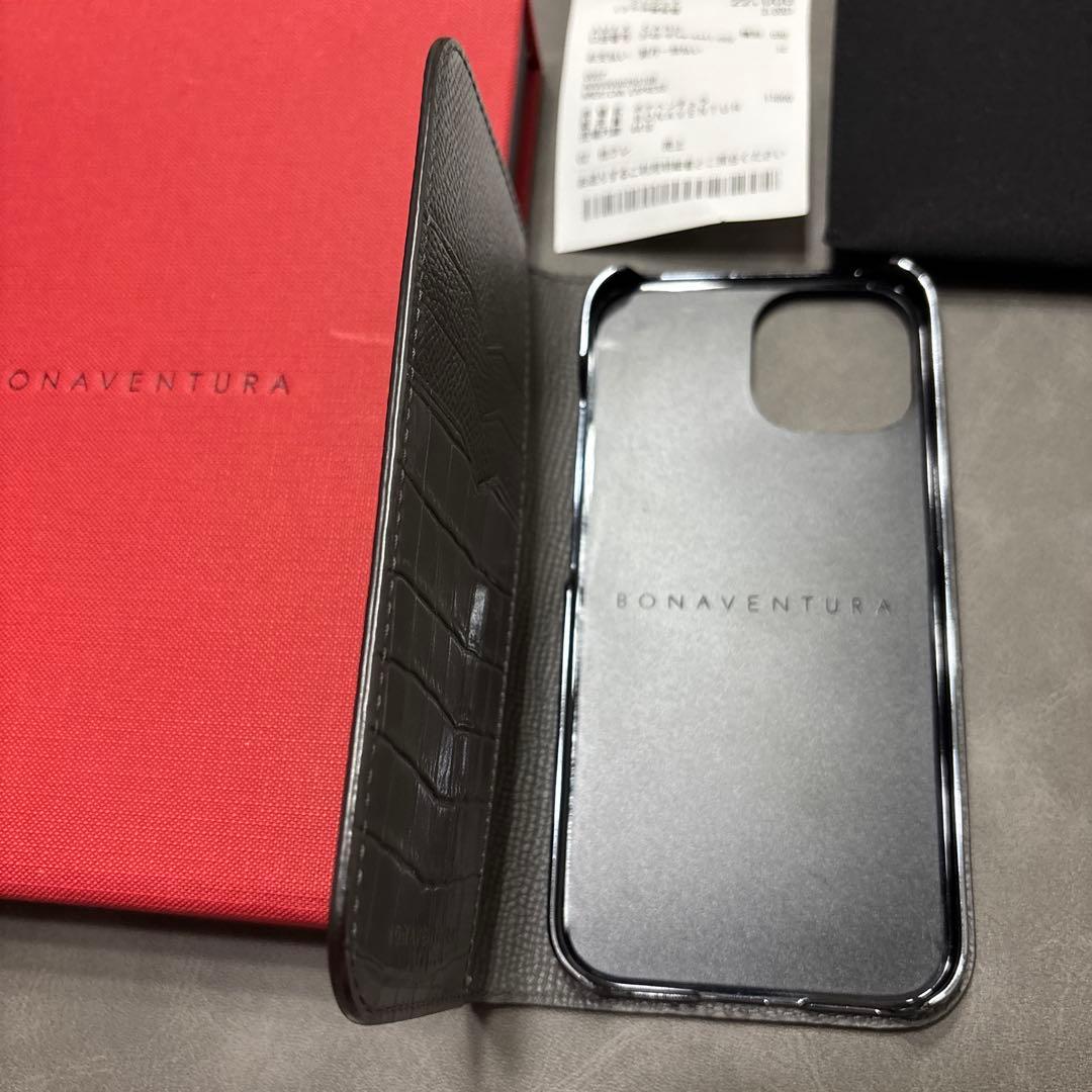 美品 ボナベンチュラiphone15 エンボスクロコ レザー 手帳ケース