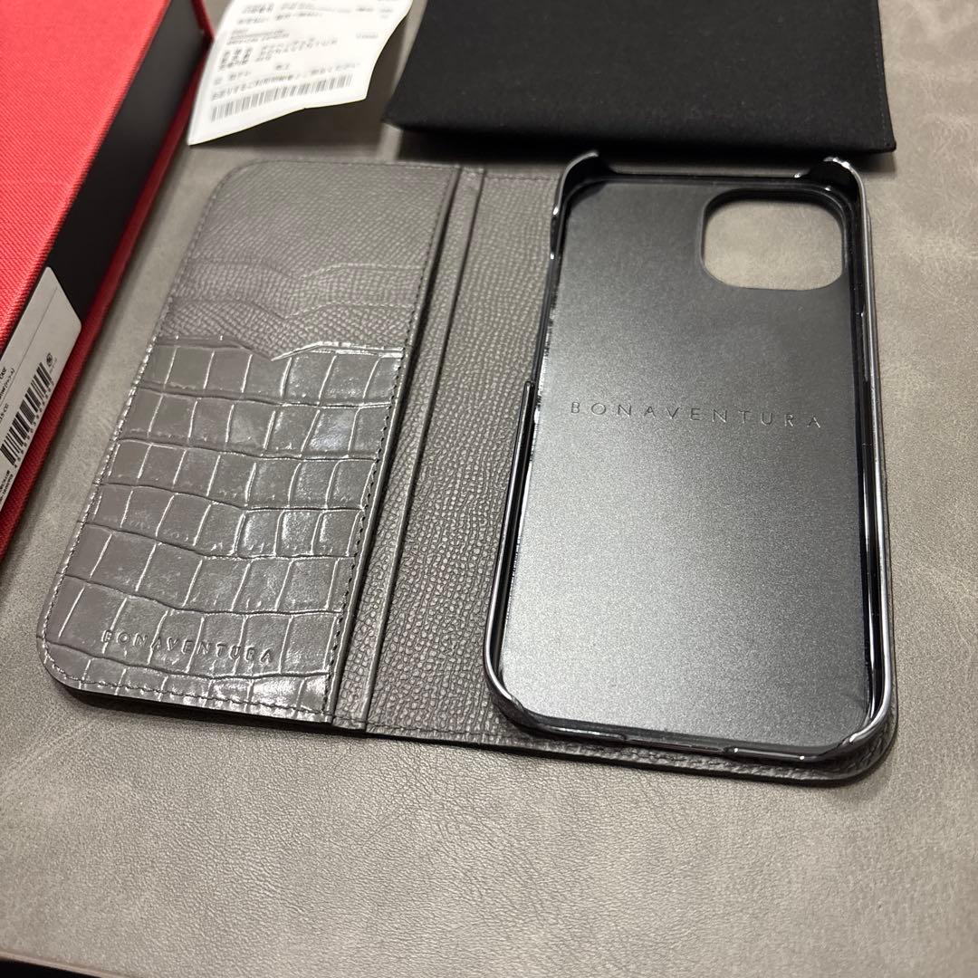 美品 ボナベンチュラiphone15 エンボスクロコ レザー 手帳ケース