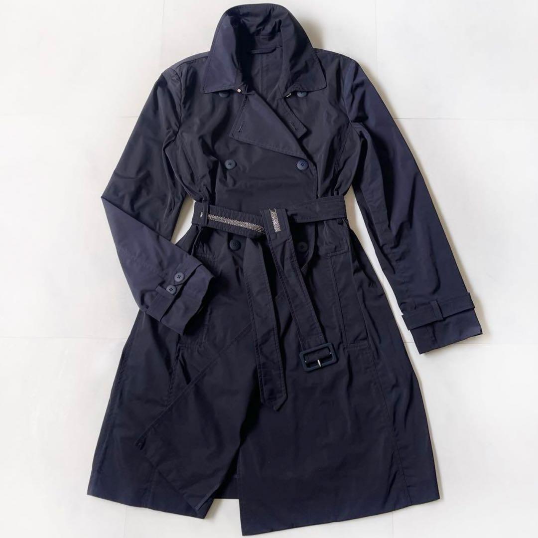 極美品 マックスマーラ トレンチコート ビジュー付き ベルト 40 ネイビー L